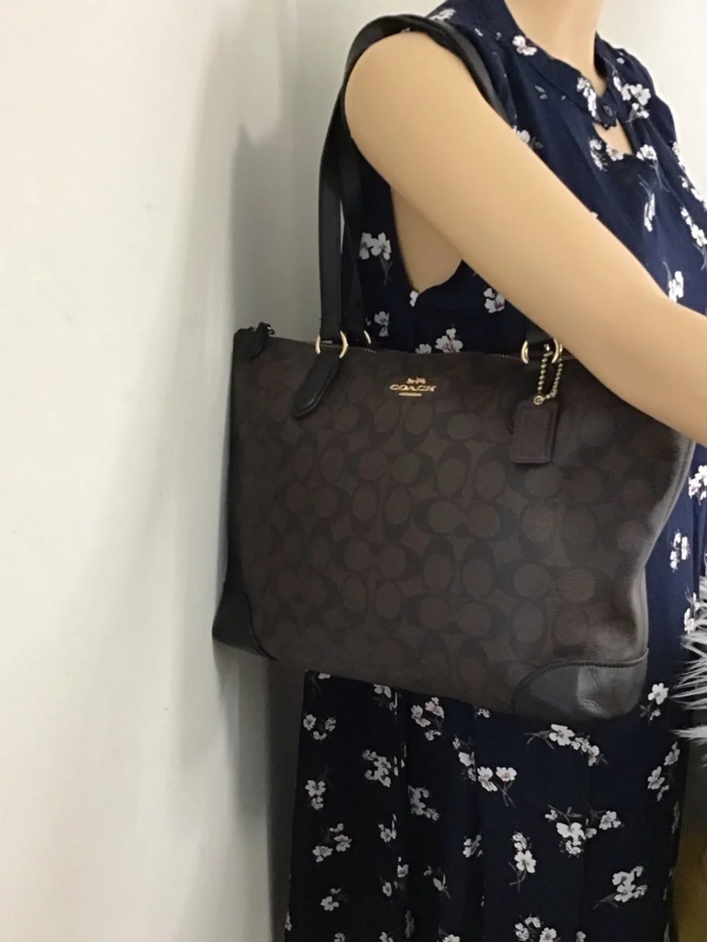 Coach Brown Signature Canvas Shoulder Tote with Black Straps